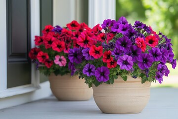 Fototapeta premium A pair of pots filled with red and purple petunia flowers, beautifully arranged on a front porch, creating a cheerful floral display.