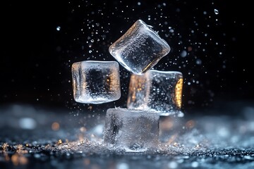 Cubes splash on dark surface