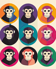 Colorful Monkey Portraits on a Geometric Background