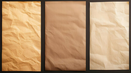 Three Vertical Paper Panels Displaying Crinkled Textures and Varying Shades of Brown on Black Background