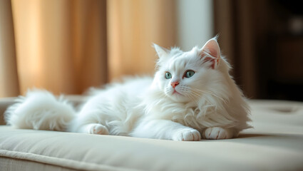 a fluffy white cat with striking blue eyes resting on a comfortable surface. The cat is the focal point of the image, with its fur beautifully illuminated by soft lighting