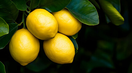 Close Up Of Vibrant Yellow Lemons Hanging On A Branch With Lush Green Leaves