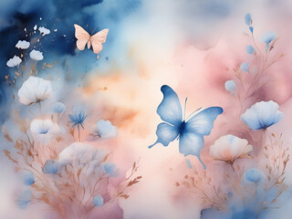 abstract watercolor background with clouds, flowers and butterflies