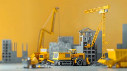 Construction scene featuring yellow machinery and cranes on a vibrant orange backdrop