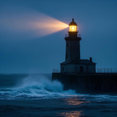 Obraz premium Dramatic Lighthouse Amidst Stormy Ocean Waves