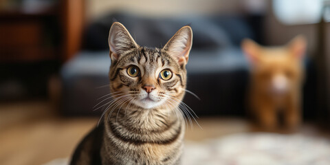 Cat Companions: Close-up shot of two adorable domestic cats, one tabby cat with striking eyes staring intently at the camera, other cat is a ginger cat in the soft background.