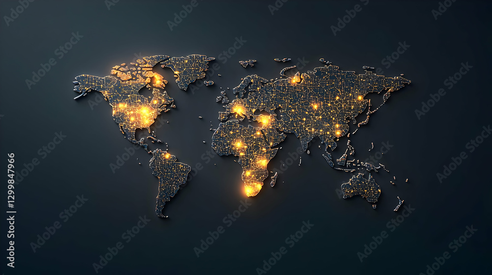 Poster illuminated world map against dark background displaying global data network connection
