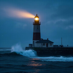 Obraz premium Dramatic Lighthouse Amidst Stormy Ocean Waves