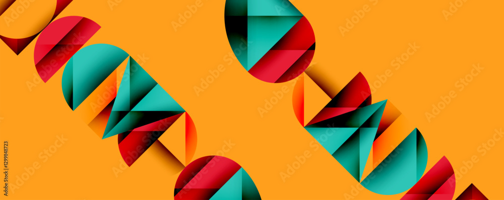 Poster Abstract geometric background with layered gradient shapes forming dynamic patterns. Overlapping semi circles and triangles create depth and contrast