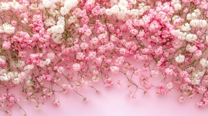 Pink and white flowers are displayed on a pale pink surface