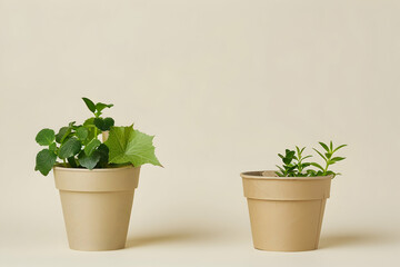 Two potted plants on a neutral background showcasing vibrant green foliage and texture