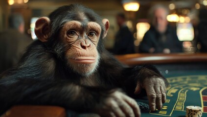 A chimpanzee is engaging at a casino table surrounded by players and slot machines. The setting is lively, with bright lights and sounds creating an exciting atmosphere