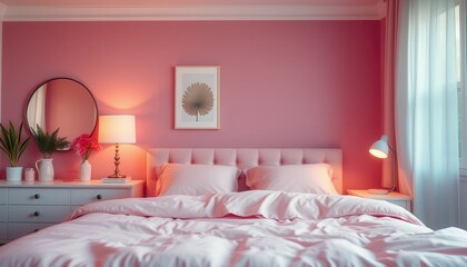 Stylish pink bedroom design cozy home space interior decor modern aesthetic wide angle tranquil atmosphere