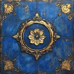 Naklejka premium Gold Leaf Design Frame and Blue Floral Ornament Patterned Wall Art