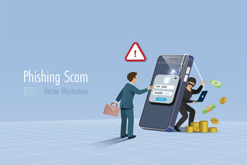 Hacker online phishing password from businessman on fake web template. Cyber crime attack against digital security system technology. 3D vector. © Kate3155