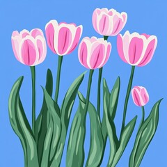 Fototapeta premium Pink tulips bloom against blue sky; spring floral design for cards