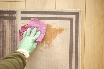 Cleaning a stain from a carpet using a cloth and gloves