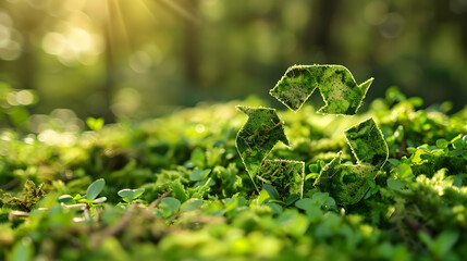 Green recycling symbol made of moss on forest floor, sunlight filtering through trees, promoting eco-friendliness