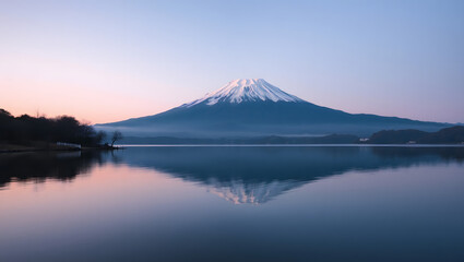 Mount Fuji's serene reflection in a calm lake at dawn. The majestic mountain is capped with snow, its silhouette mirrored perfectly in the still water.  