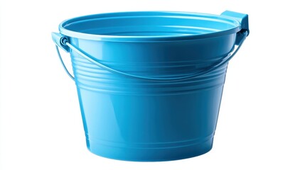 Bright blue plastic bucket with handle. Ideal for cleaning, gardening, or beach fun.