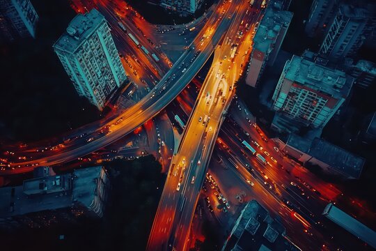 A time-lapse simulation from a droneâ€™s perspective, capturing traffic flow and shifting city lights from dusk till dawn.