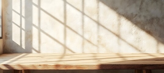 Wooden table mockup on stucco background with window shadow on the wall, beige earthy color tones,

