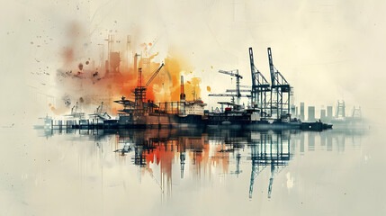 Industrial harbor scene at sunset with cranes, reflecting on water, showcasing urban development