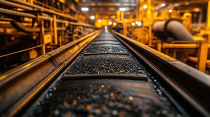 Close-up of industrial conveyor belt carrying dark granules in a factory. Illustrates heavy industry, manufacturing, or material transport processes.
