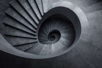 Fototapeta premium A top-down image of a monochromatic grey spiral staircase, creating a surreal and hypnotic visual illusion.