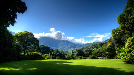 Vibrant Green Landscape View With Lush Forest And Bright Blue Sky During Sunny Day