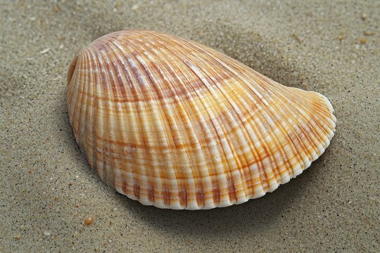 A close-up view of a tan seashell with distinct ridges resting on sandy beach.