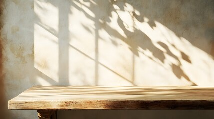 Wooden table mockup on stucco background with window shadow on the wall, beige earthy color tones,

