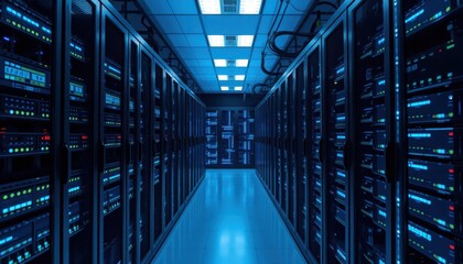 Secure server room operations data center technology infrastructure high-tech environment wide angle digital security