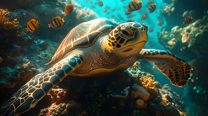 Fototapeta premium Close-Up of a Green Sea Turtle Swimming Over a Vibrant Coral Reef