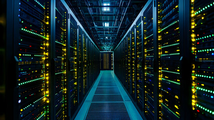 Fototapeta premium Data Center Server Room Perspective With Rows Of Metallic Racks Illuminated By Blue And Green Lights