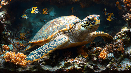 Fototapeta premium Sea Turtle Gliding Peacefully Through Crystal Clear Ocean Waters