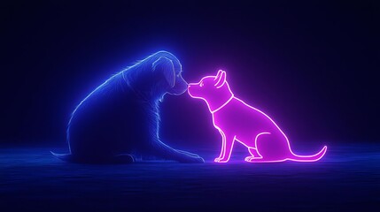 Neon illuminated dogs in a loving pose against a dark background.