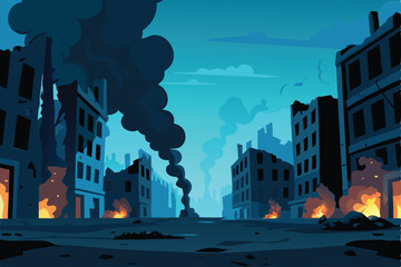 Obraz premium A desolate, post-apocalyptic cityscape featuring crumbling, overgrown skyscrapers and decaying infrastructure under a grey, overcast sky.