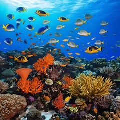 Naklejka premium Underwater scene: vibrant coral reefs with various species of tropical fish swimming around, high-detail textures