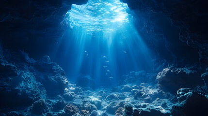Obraz premium Underwater View of a Sea Cave Teeming with Marine Life and Corals