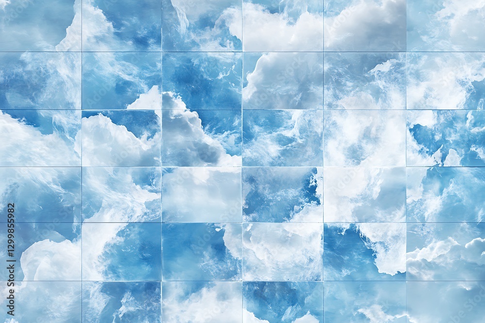 Wall mural abstract blue background with a pattern of ice cubes and white clouds