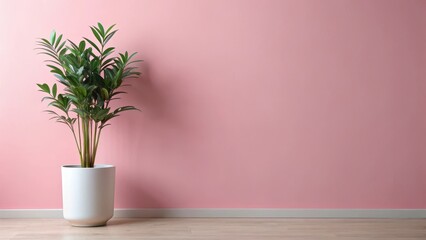 A minimalist pink wall with an isolated home plant, featuring a single white pot and lush green leaves against a soft pastel background , modern aesthetic, interior design