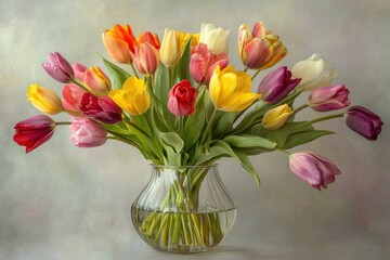 Fototapeta premium A vibrant bouquet of multicolored tulips in a clear glass vase, a still life painting.