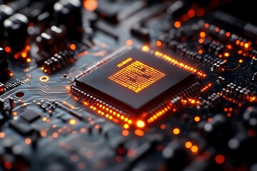 Glowing Chip on Circuit Board Close-up