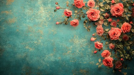 Coral roses corner arrangement on teal textured background; greeting card design