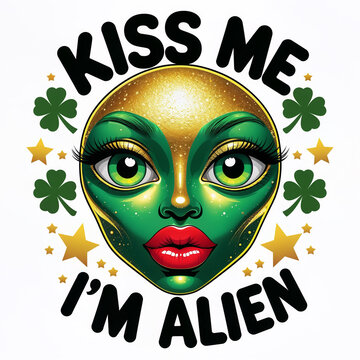 Kiss Me I&rsquo;m Alien - Extraterrestrial St. Patrick&rsquo;s Day Mashup with green shamrocks & gold stars