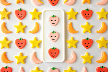 Happy fruit and star pattern with three smiling strawberries in the center.