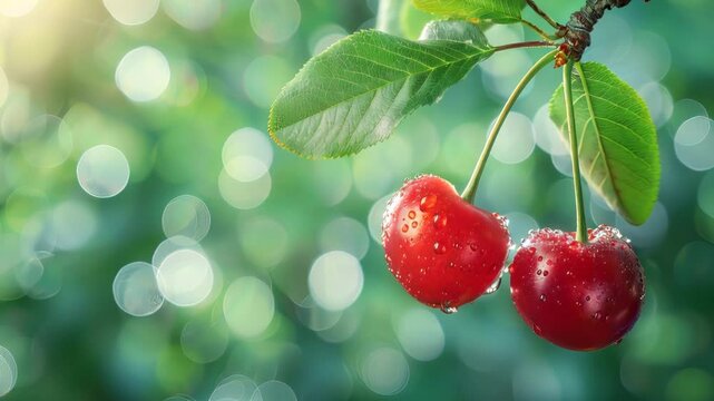 Close-up of a cherry tree hanging vertically down on a branch with green leaves. Cherry Orchard. Free space for your text