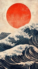 Dynamic waves and rising sun japanese art print medium traditional style aesthetic perspective nature theme