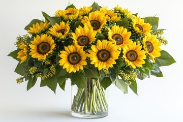 A vibrant bouquet of sunflowers arranged in a clear glass vase, radiating warmth and summery cheer.